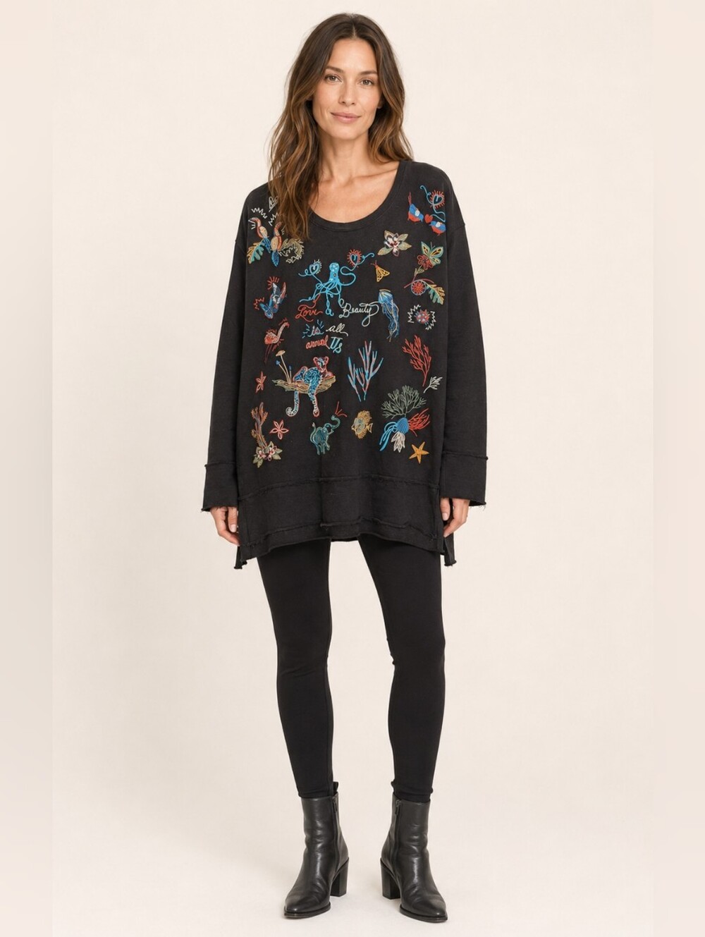 Johnny Was Love & Beauty Embroidered Black Sweatshirt Tunic Top M